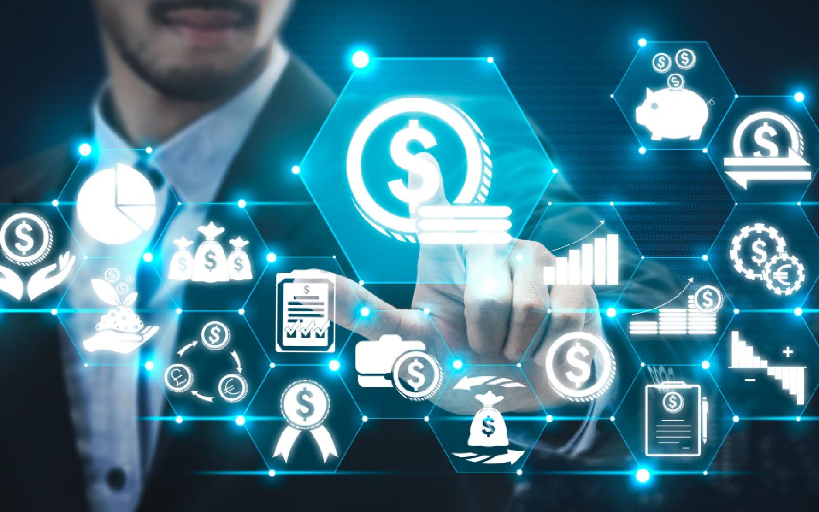 Online MBA salary growth illustration with digital finance icons, money symbols, analytics charts, and career progression in India