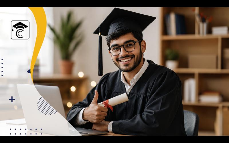 UGC-approved online MBA colleges in India concept with student using laptop and digital India map with education icons