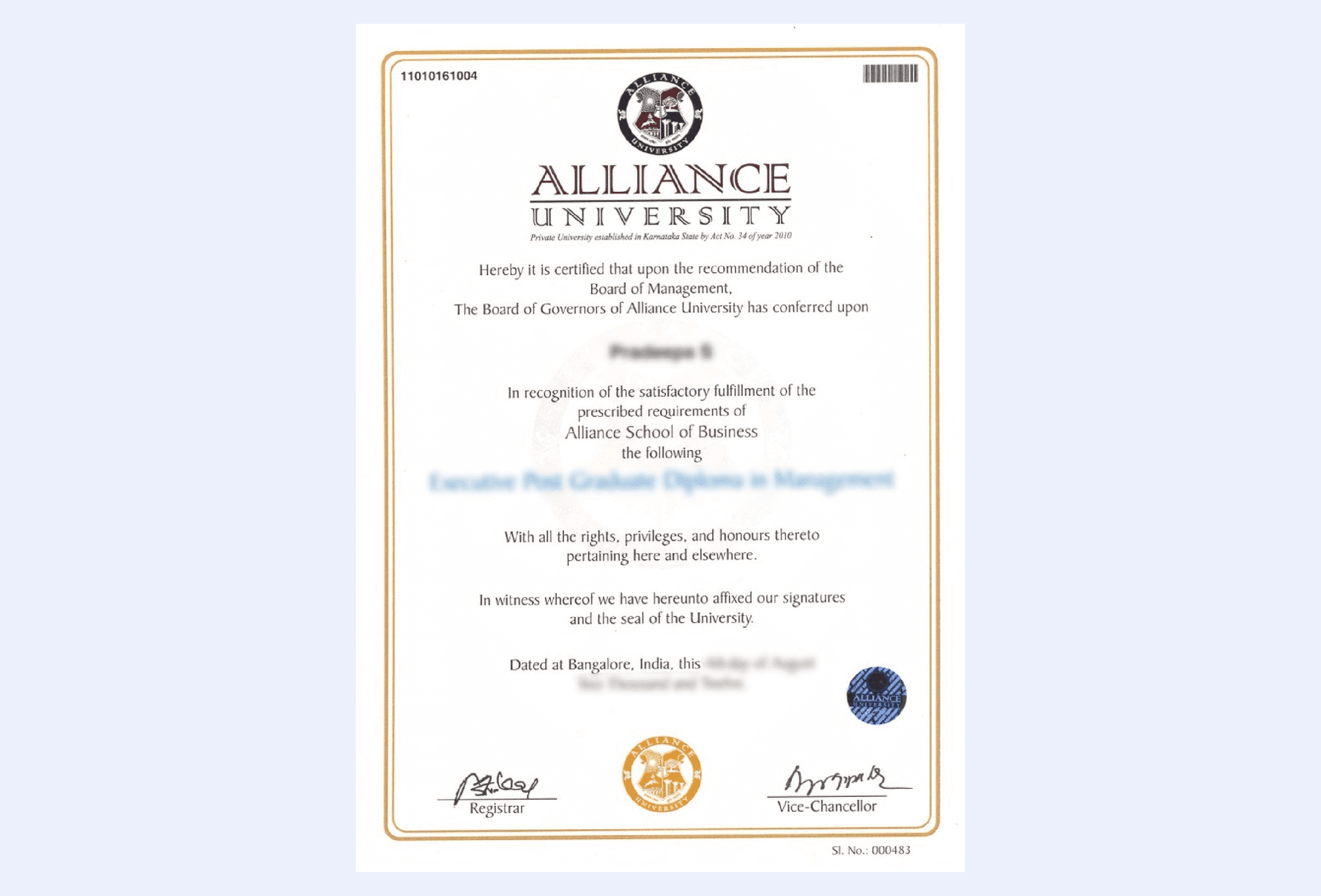Certificate issued by Alliance University recognizing academic completion with official seal and signatures.