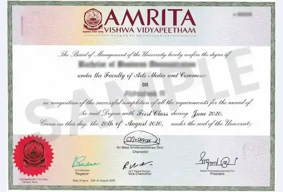 Official certificate for Amrita University Online MCA in Artificial Intelligence with university seal and signature lines