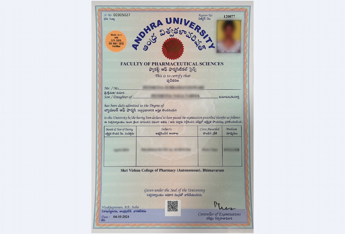 Neat professional certificate design for Andhra University Online MA in English featuring aligned text, signature areas