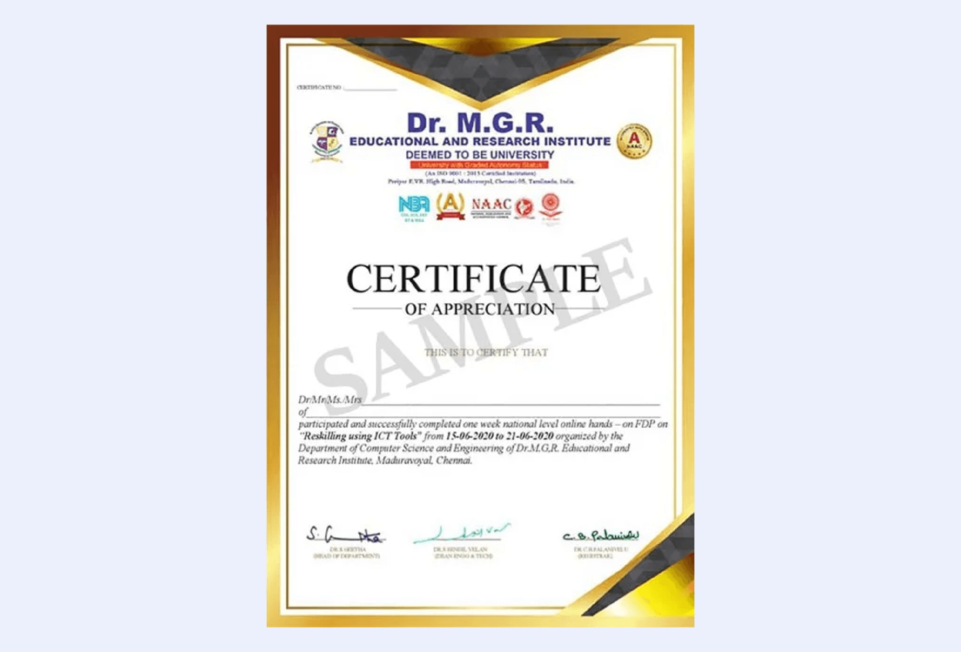 NAAC Certificate of Accreditation awarded to Dr. MGR University with A+ grade