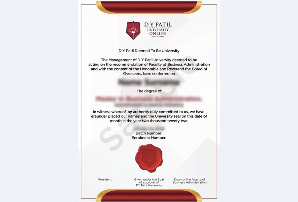 Certificate image of D.Y. Patil University Mumbai Online BBA featuring structured text, seal space and professional formatting