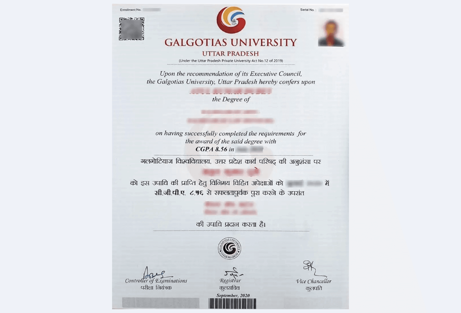 Official certificate for Galgotias University Online BBA in Human Resource Management with formal layout, university logo