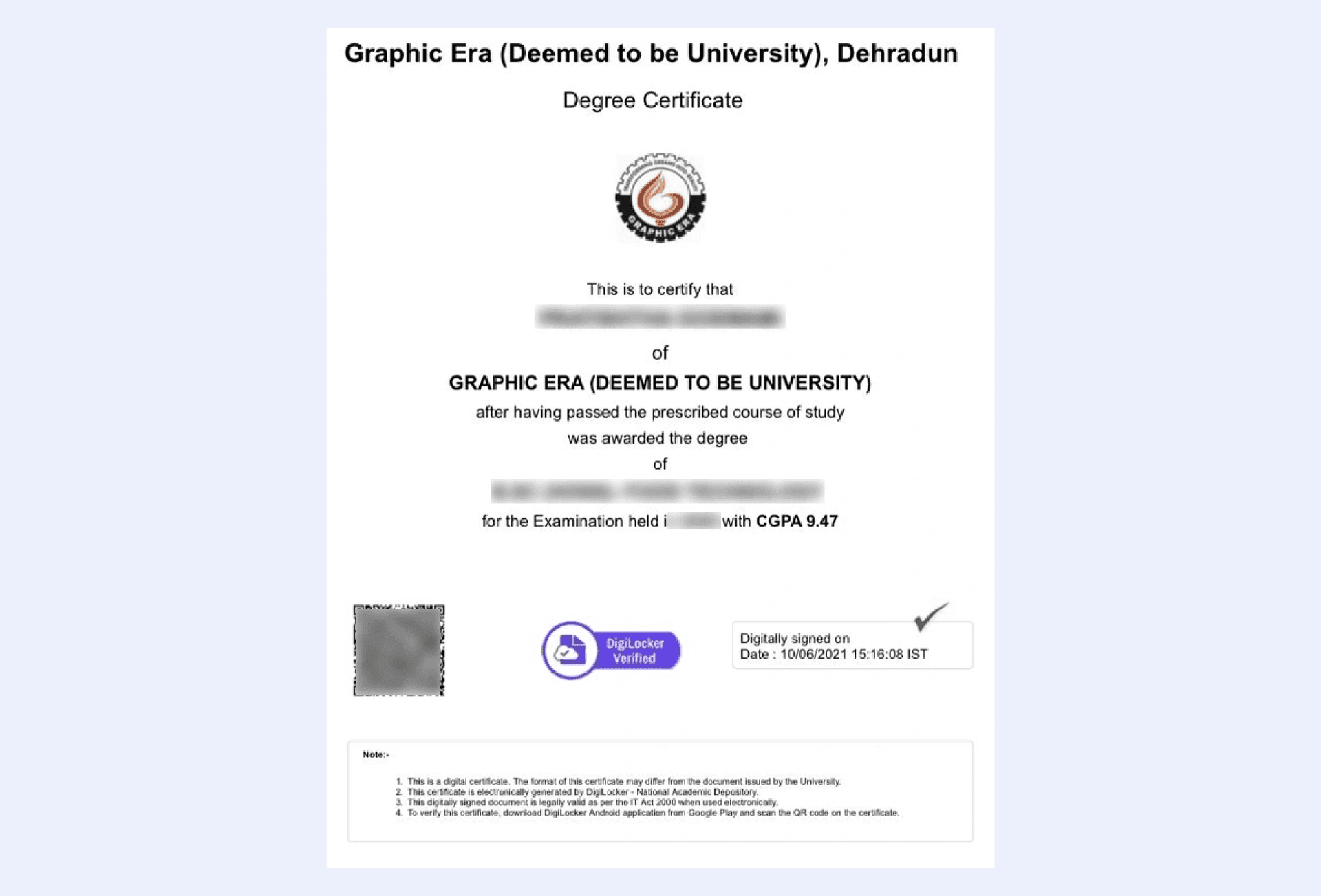 Graphic Era University certificate from GraphicEra event showcasing official recognition design and seal with crest