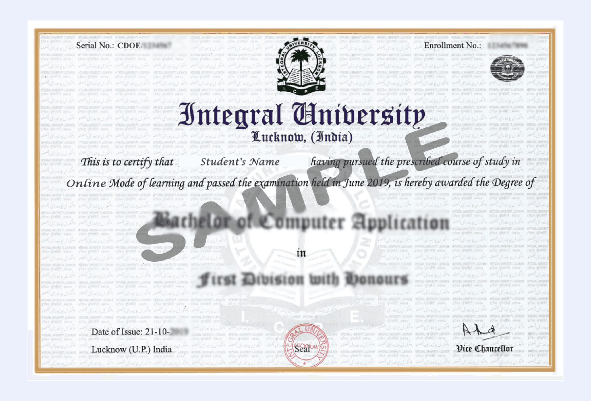 Official certificate issued by Integral University recognizing academic achievement and completion