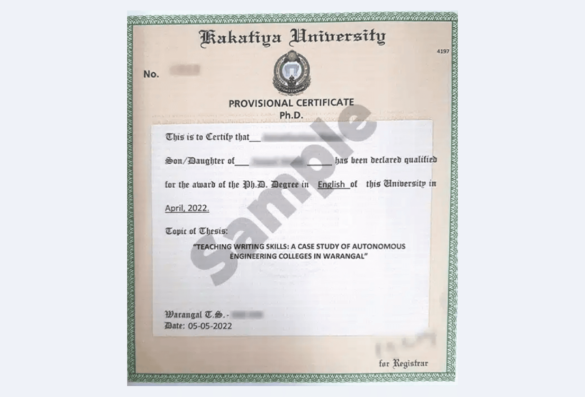 Official certificate layout for Kakatiya University Online B.LISc (Library & Info Science) with formatting and academic detailing