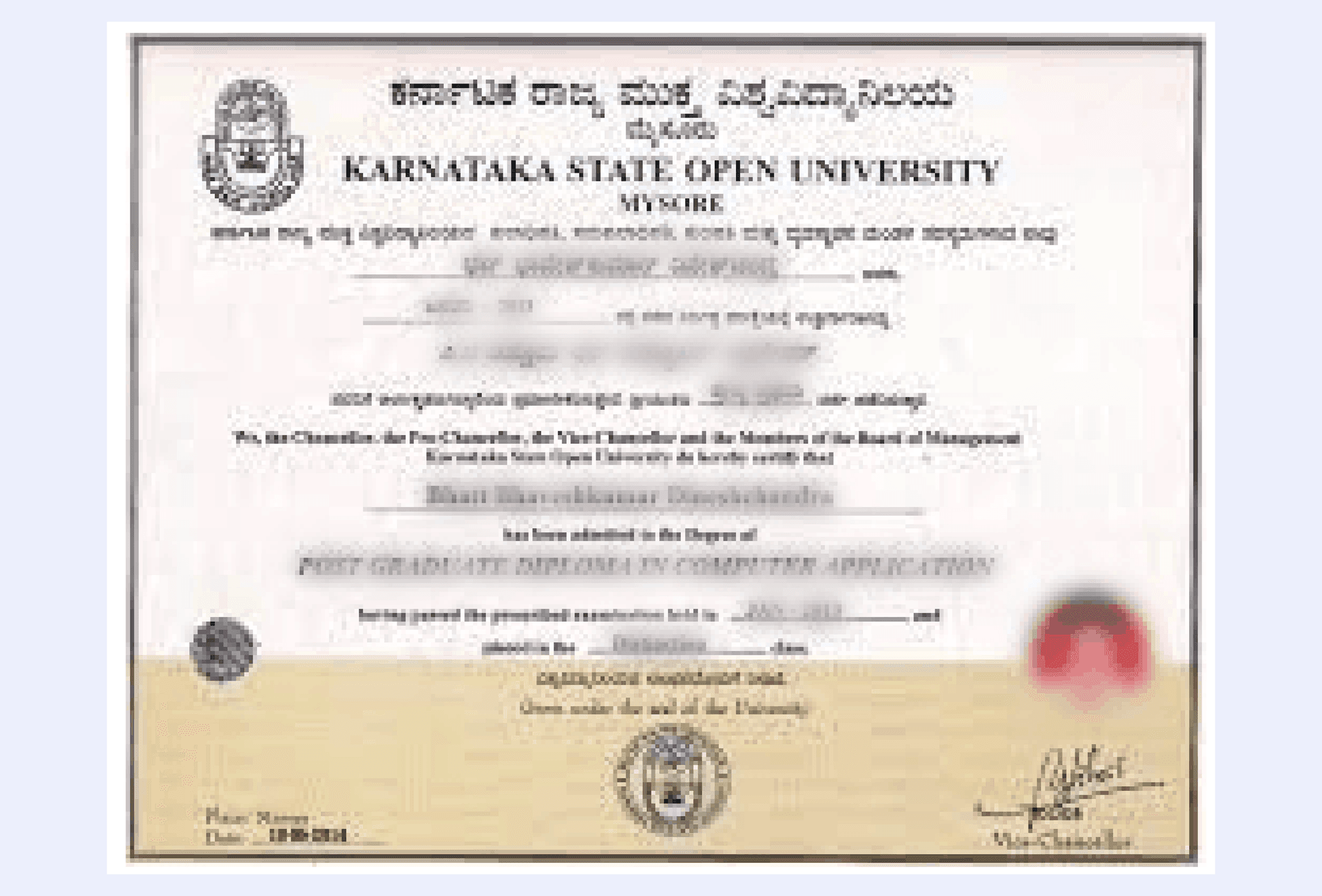 Official certificate issued by Karnataka State Open University recognizing academic achievement and completion