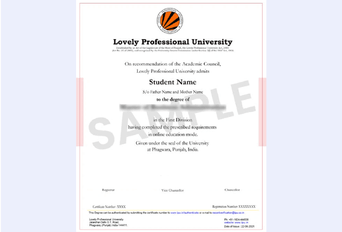 Official certificate layout for LP University Online BCA with borders, structured text and a professional academic style