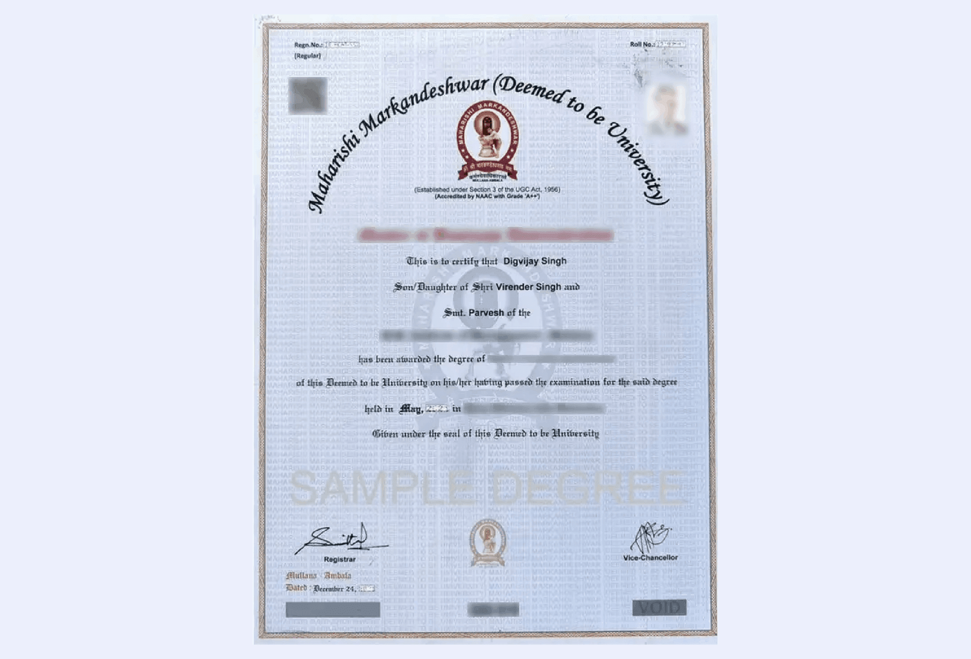 Maharishi Markandeshwar University NAAC A++ accredited certificate banner showcasing excellence