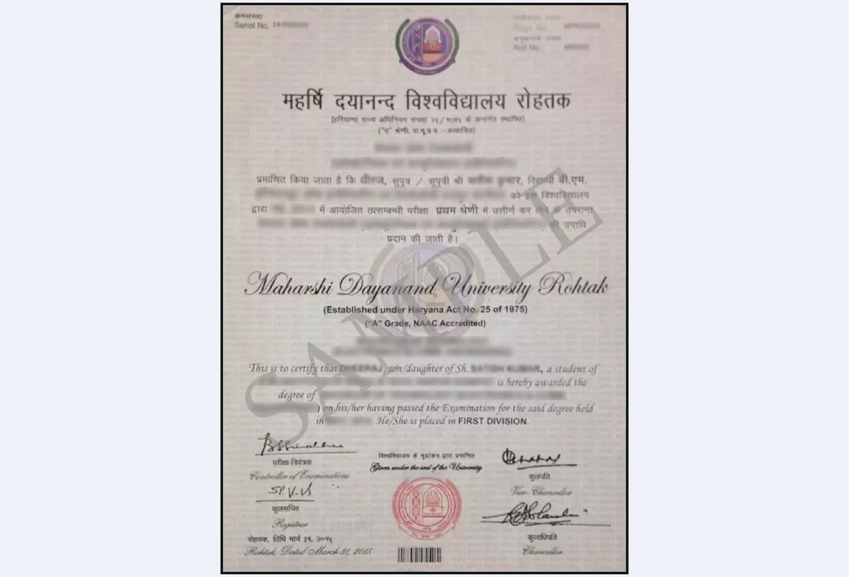 Official-style certificate layout for the Maharshi Dayanand University Online BA featuring clean borders