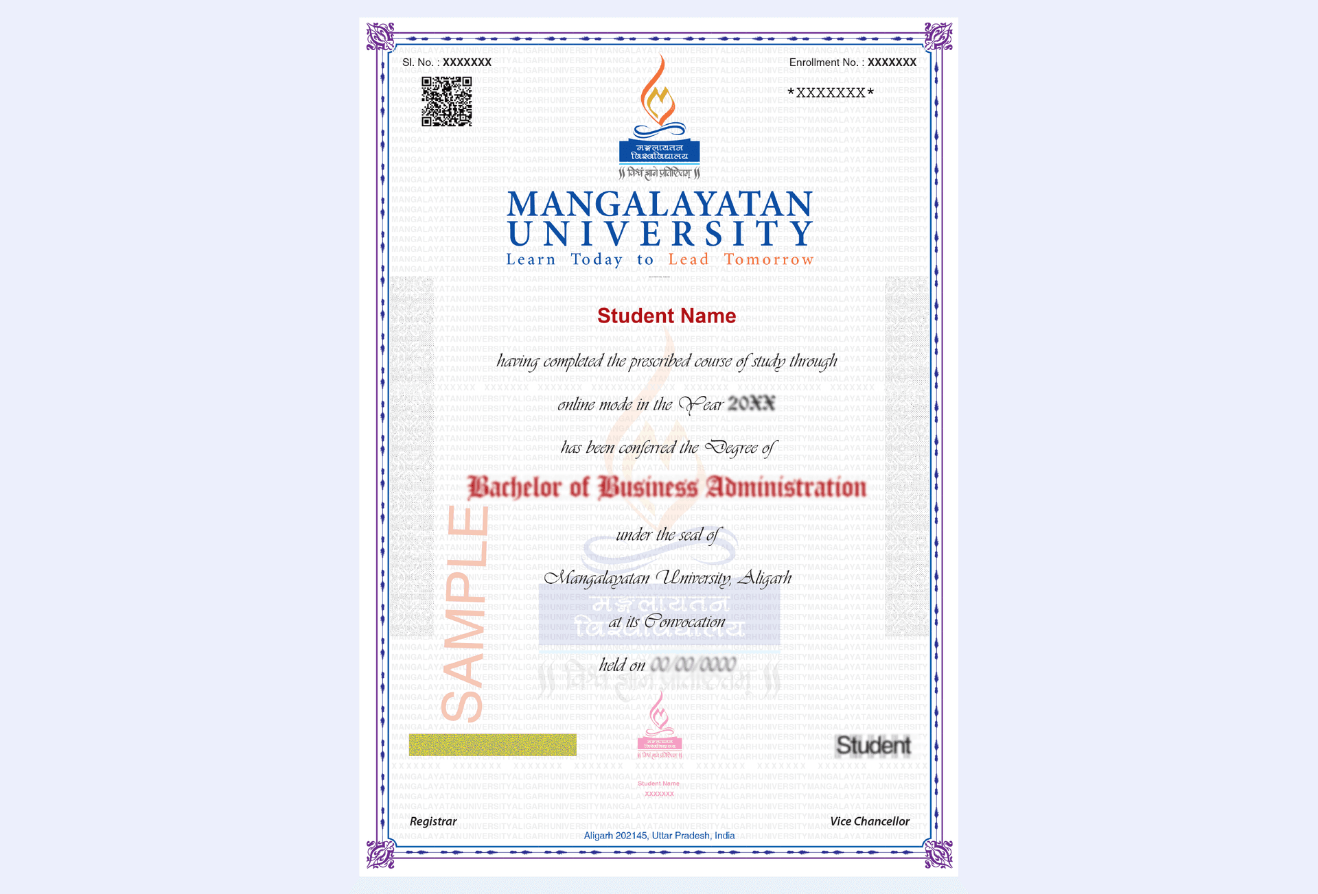 Official academic degree certificate from Mangalayatan University, showcasing the university logo and formal branding.