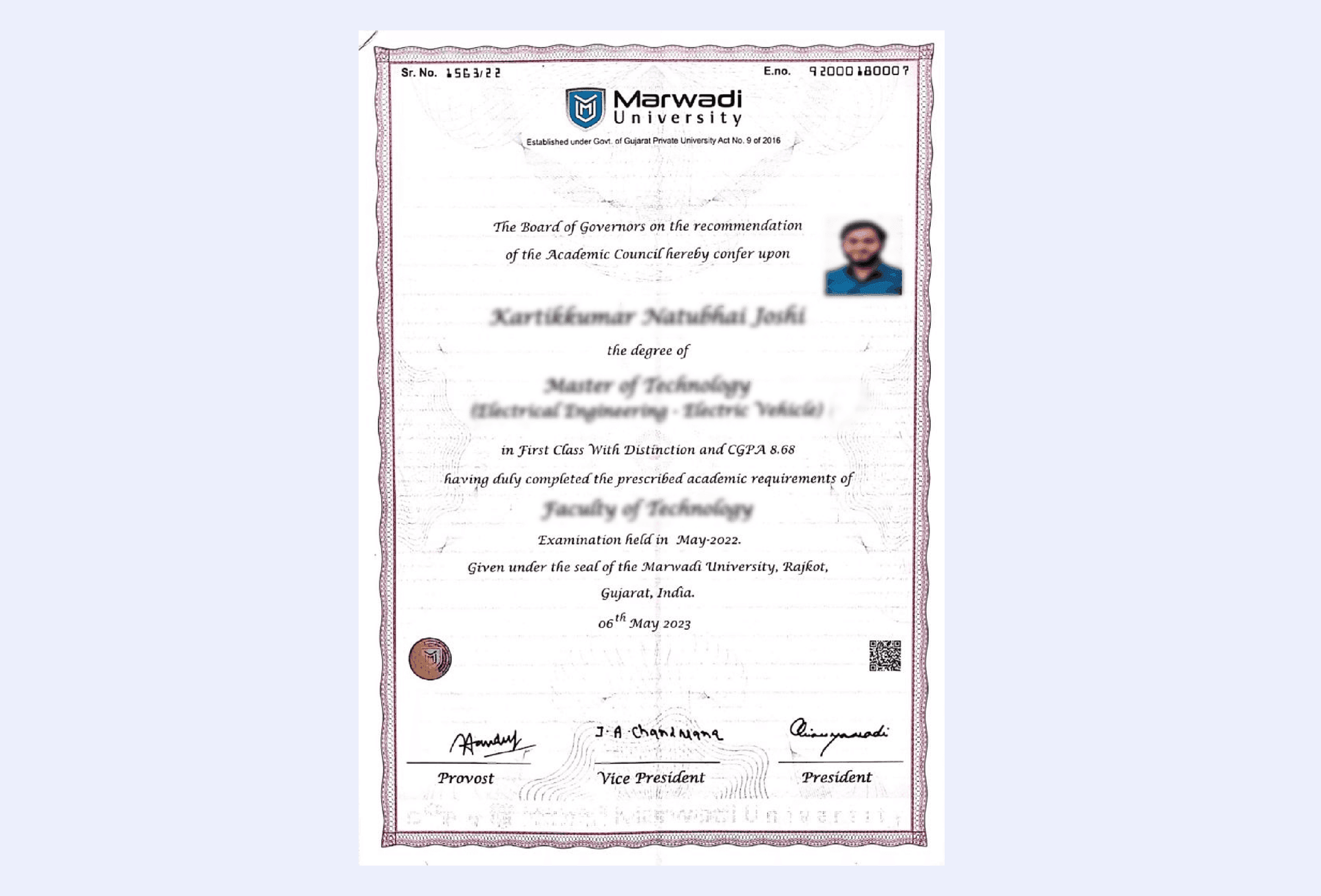 Official certificate issued by Marwadi University recognizing academic achievement and completion