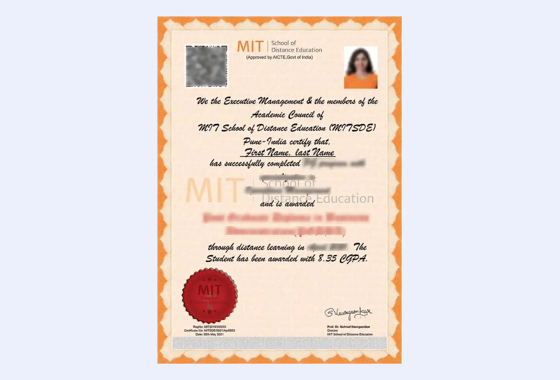 Official certificate issued by MIT SDE  University recognizing academic achievement and completion