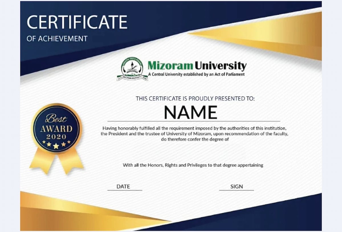 Official certificate layout for mizoram university online bcom in e accounting with formal borders and logo space
