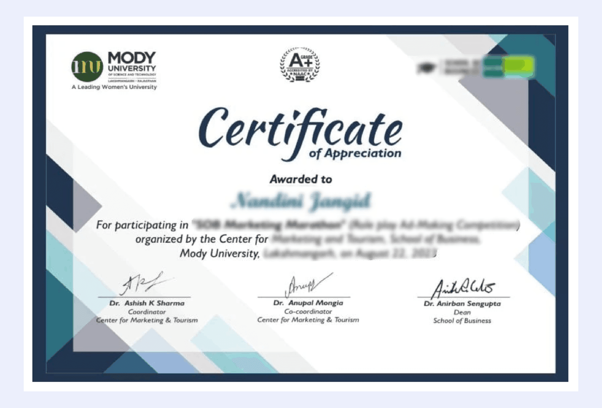 Official certificate issued by Mody University recognizing academic achievement and completion