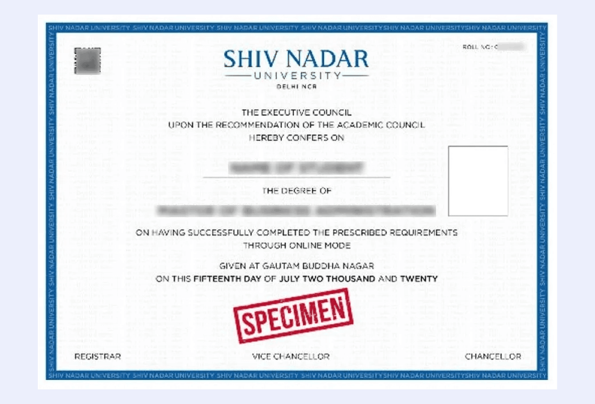 Official certificate issued by Shiv Nadar University recognizing academic achievement and completion
