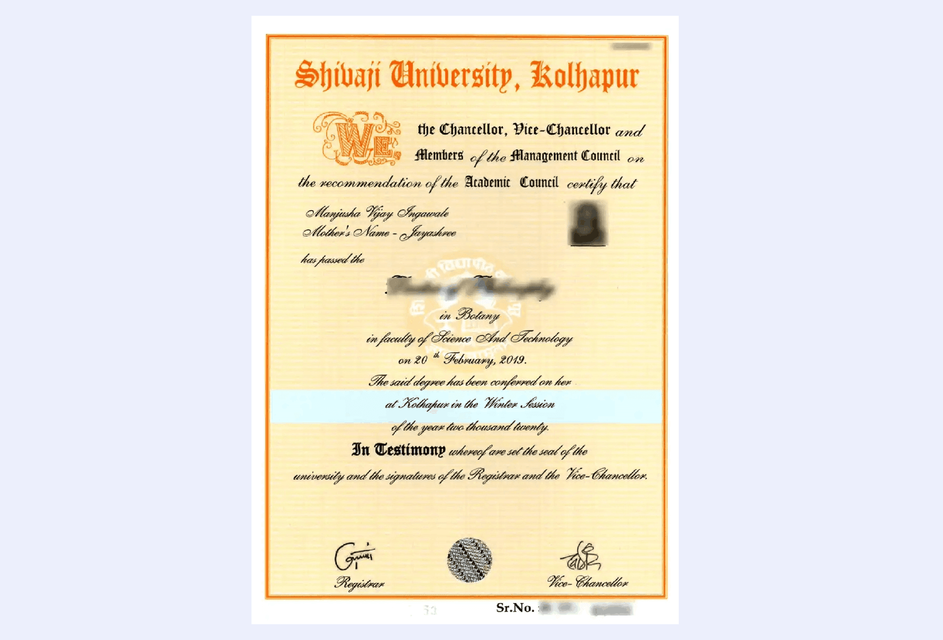 Official certificate issued by Shivaji University recognizing academic achievement and completion