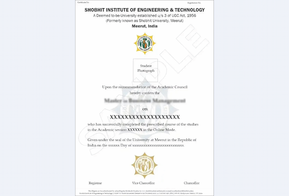 Official certificate layout for Shobhit Online MCA in Cloud Computing, formal design with program title and graduate name field