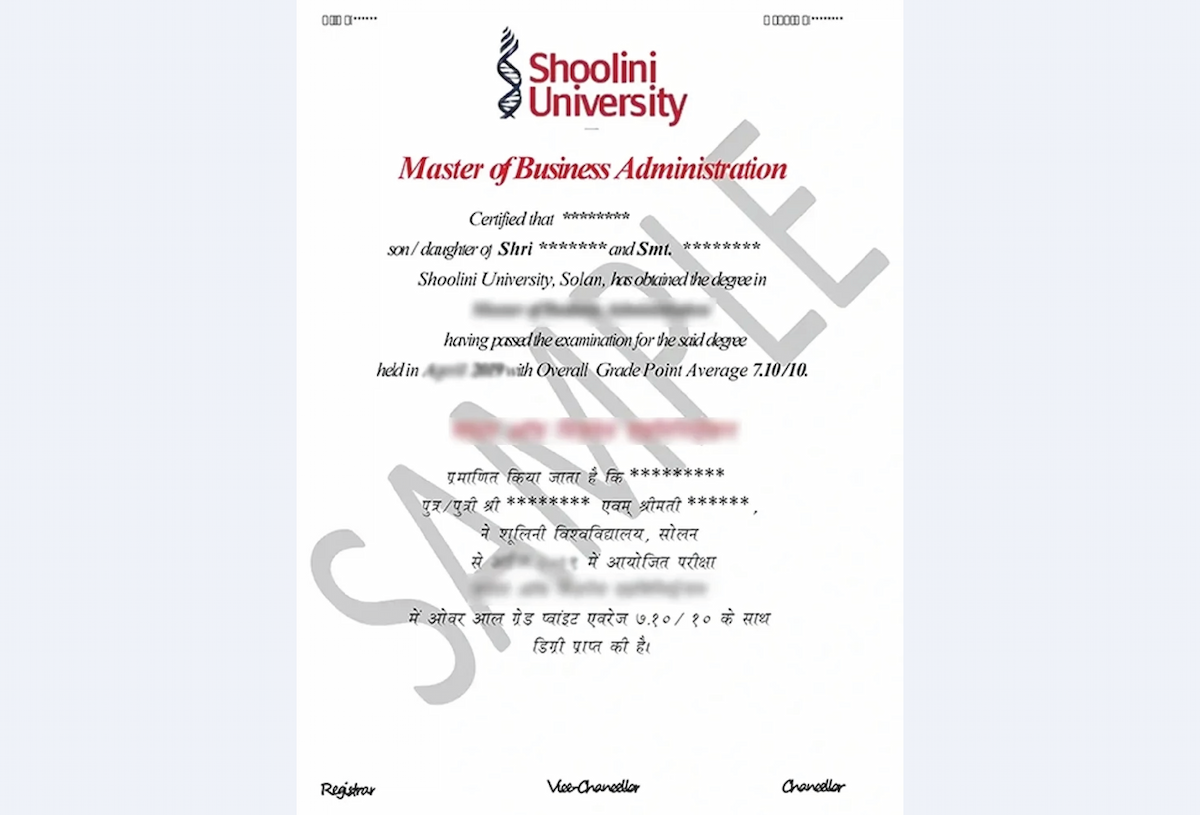 Neat official certificate layout for Shoolini Online MBA in Human Resource Management with formal border and seal