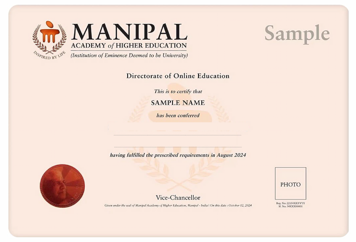 Official certificate image of the Sikkim Manipal University Online MCom, featuring official university logo and signature
