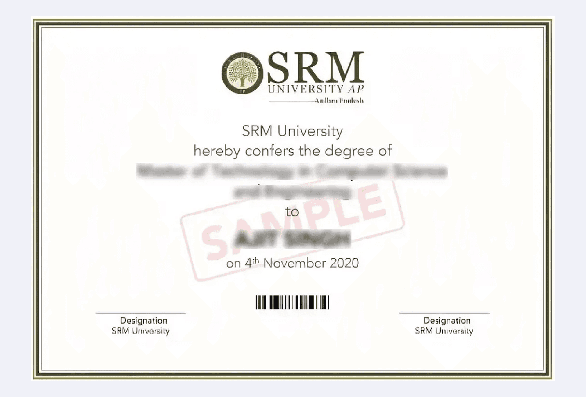 Official certificate issued by SRM Sikkim University recognizing academic achievement and completion