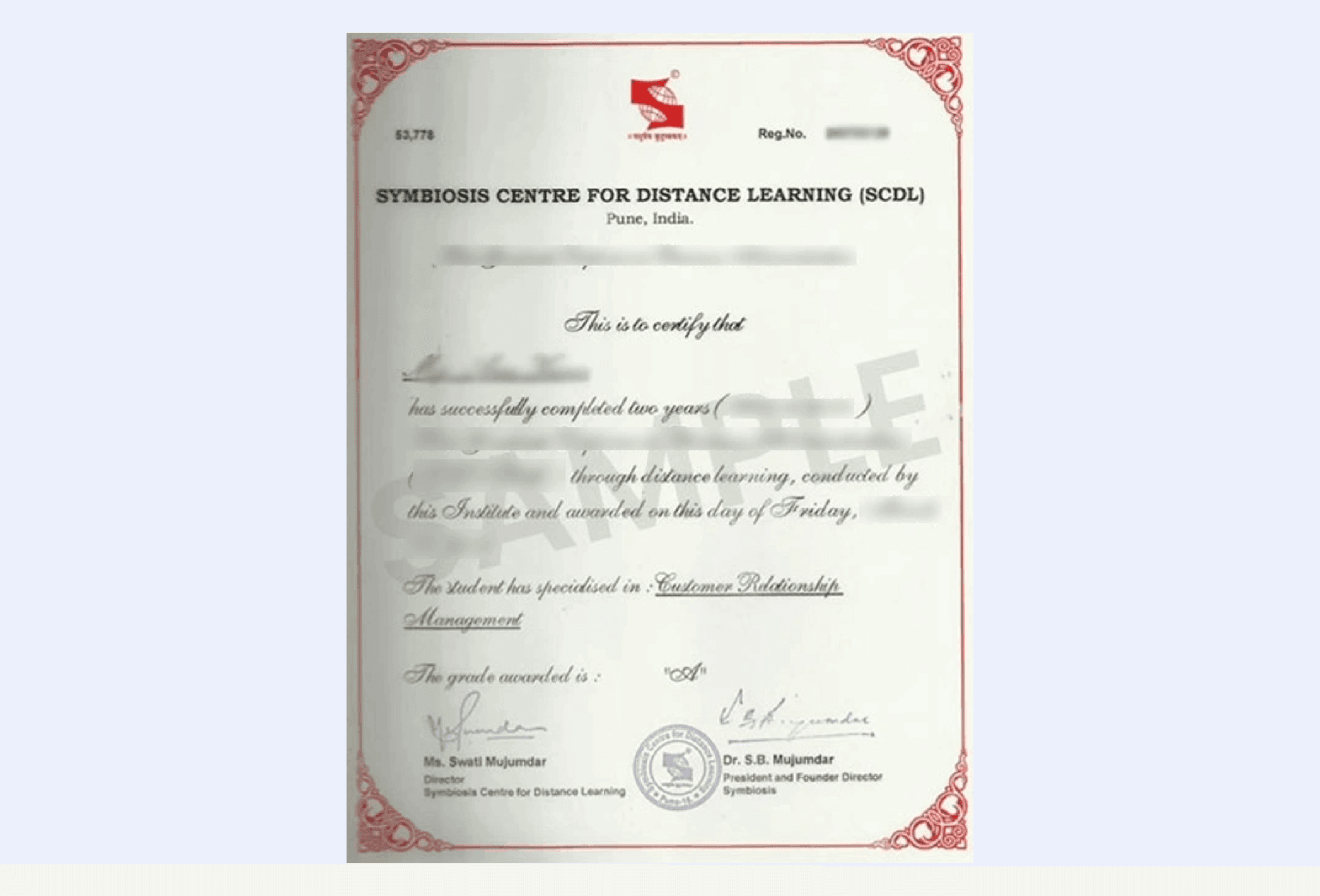 Symbiosis University presented with a clean bordered layout and official academic text showing program completion.