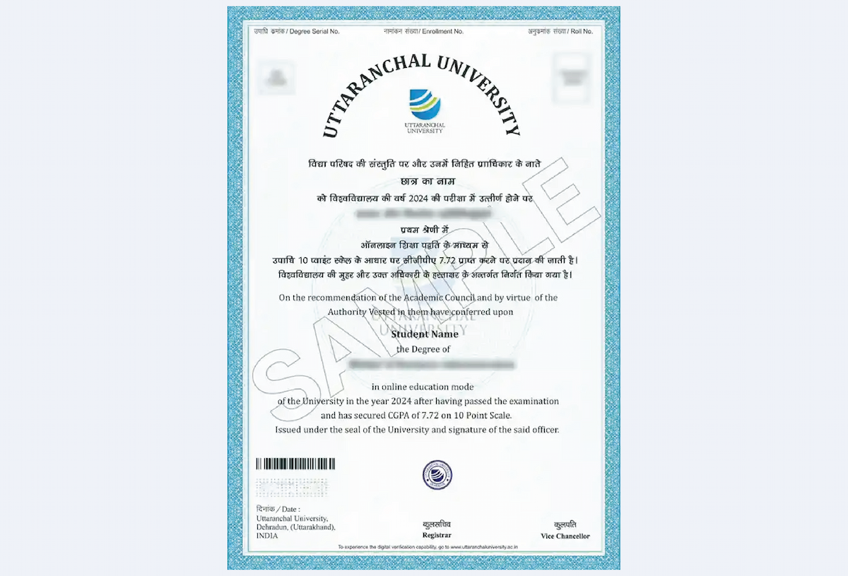 Professional certificate for Uttaranchal University Online MBA in Information Technology Management with institution logo
