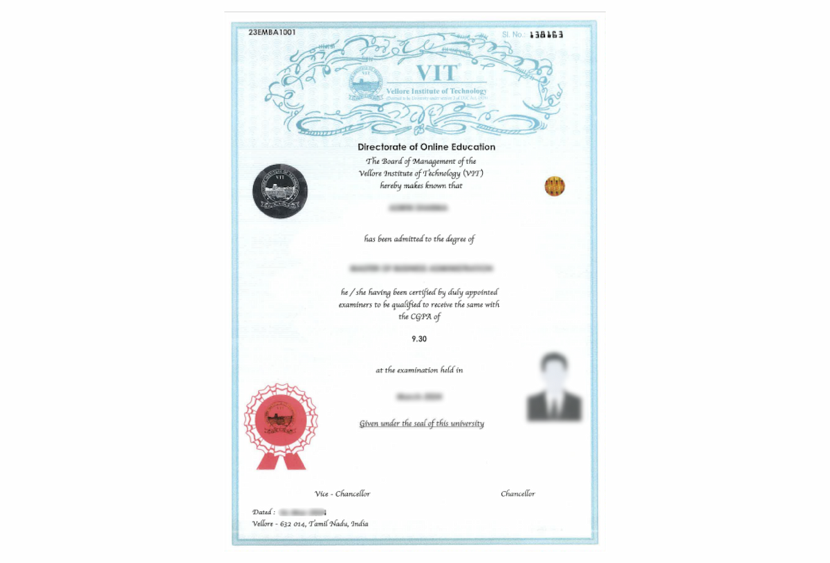 VIT University Online MBA in Human Resource Management  Verified Completion Certificate Issued by VIT