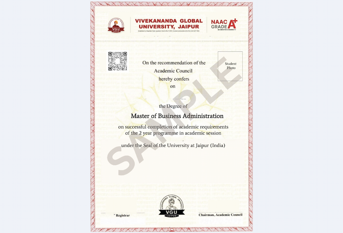Professional certificate design for Vivekananda Global University Online BBA in General showing neat formatting