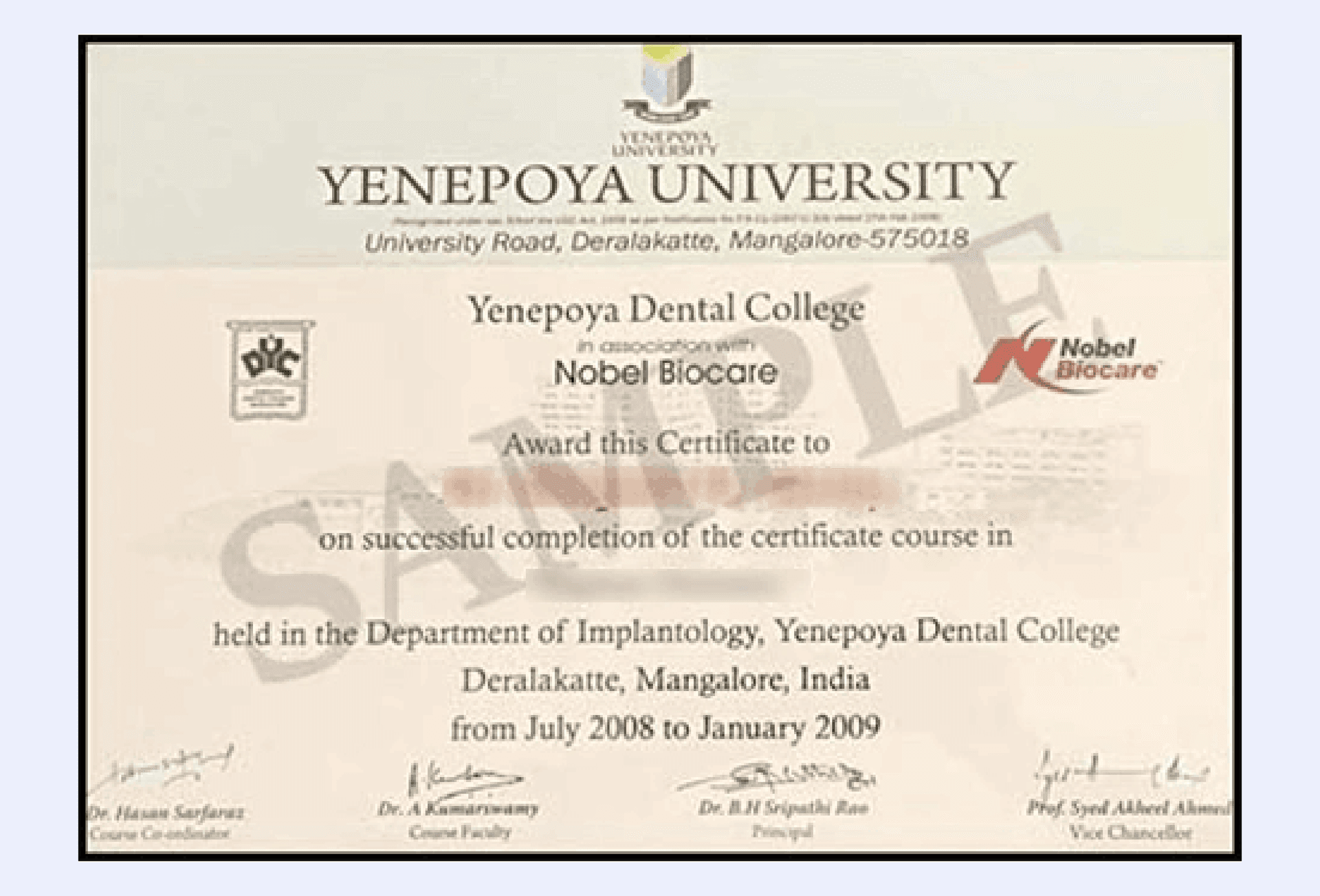 Certificate issued by Yenepoya University highlighting official academic recognition with institutional logos and signatures