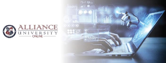 Alliance University Online MBA in Business Analytics and AI course cover image with academic branding focus.