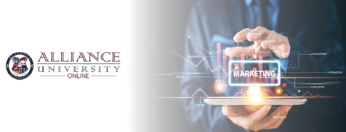 Alliance University Online MBA in Marketing course cover image with professional academic branding focus.