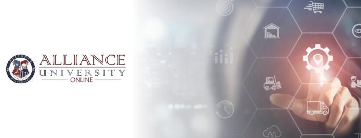 Alliance University Online MBA in Operations Management course cover image with academic branding focus.