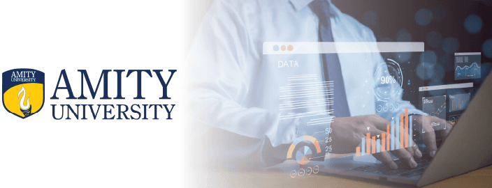 Professional cover image of Amity University Online MBA in Data Science Management, featuring data and algorithmic graphics.