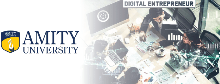 Professional cover image of the Amity University Online MBA in Digital Entrepreneurship Mngmt, featuring startup graphics.