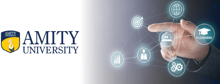 Professional cover image of Amity University Online MBA Dual Specialization, featuring two interconnected abstract symbols.