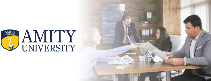 Professional cover image for the Amity University Online MBA in General Management, featuring abstract business symbols.