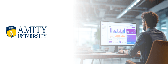 Professional cover image of the Amity University Online MBA in Business Analytics  with data charts and abstract tech symbols.