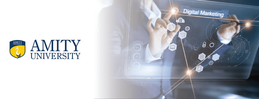 Professional cover image of Amity Online MBA in Digital Marketing Management, featuring abstract network or digital graphics.