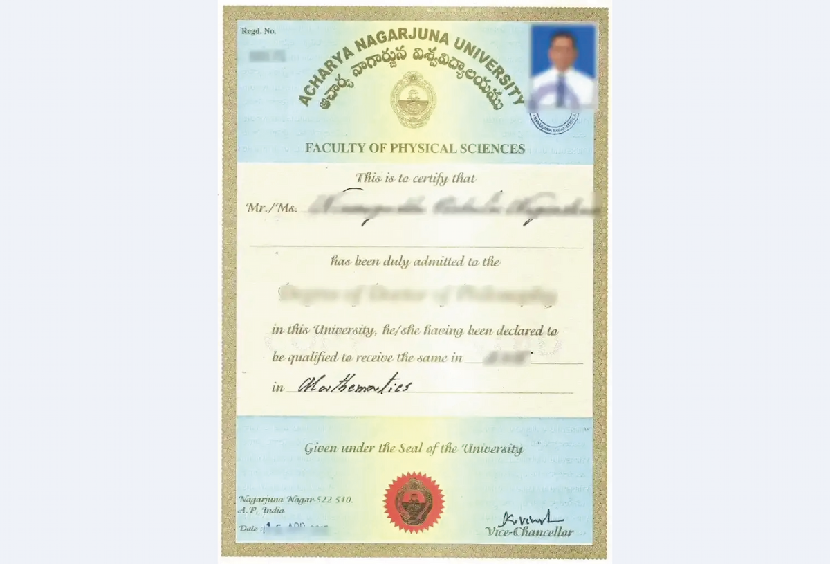 Official certificate image of Acharya Nagarjuna University Online Diploma in Food Production program, showing university seal and signatures.