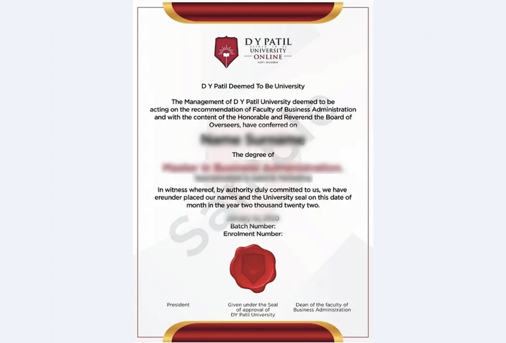 Official certificate of D.Y. Patil University Mumbai Online Working Professional MBA in Finance Management with diploma layout
