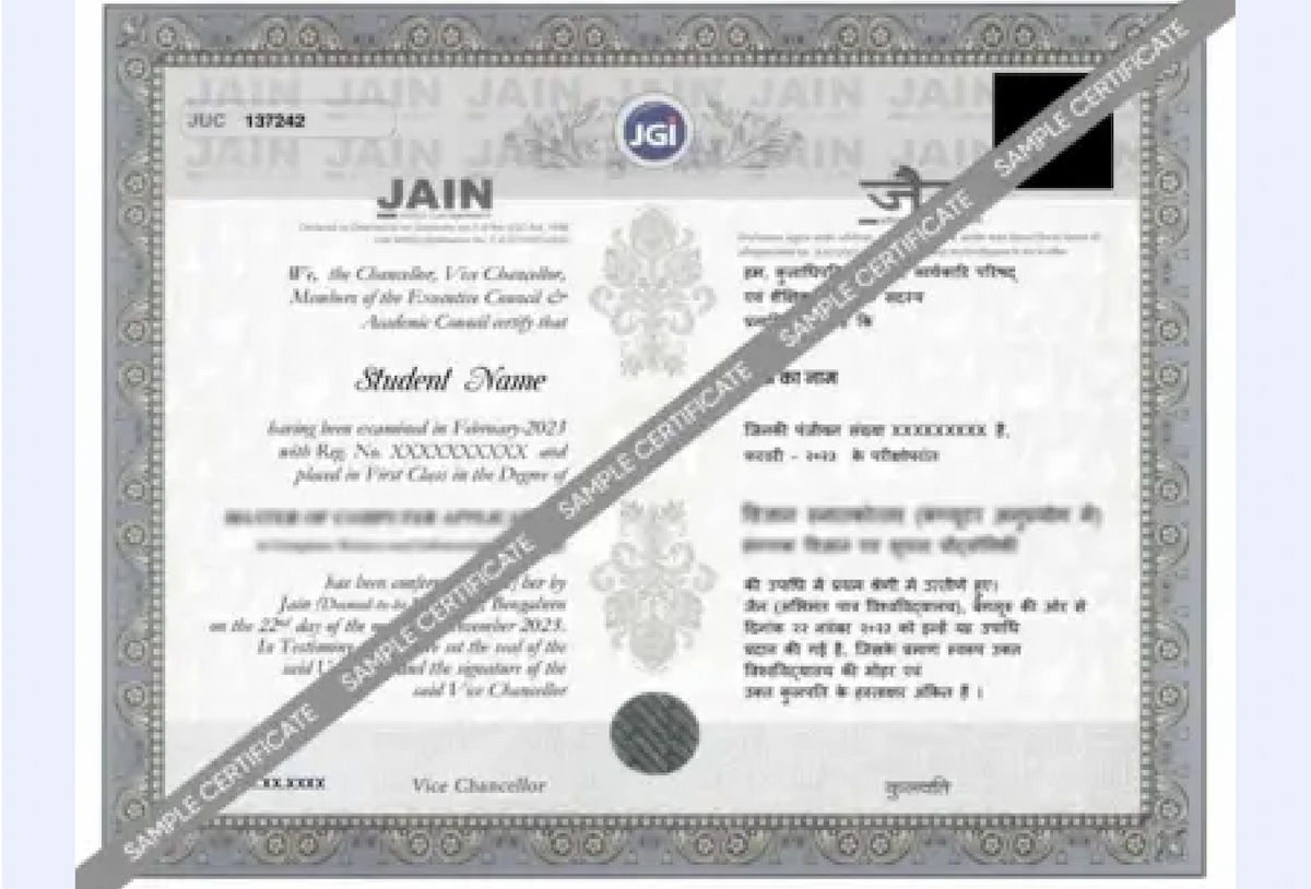 Official certificate layout for Jain Online MBA in Information Technology Management with formal border and clean structured