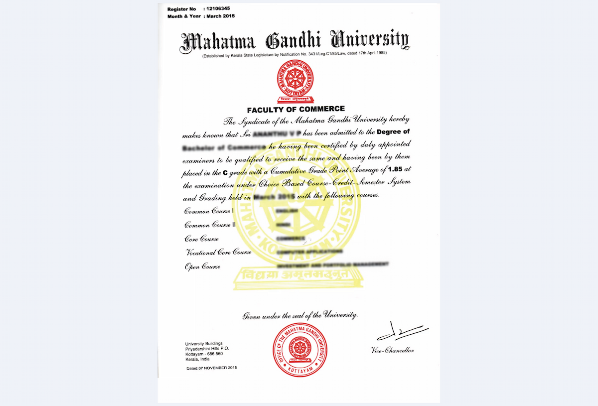 Mahatma Gandhi University online degree certificate showcasing accreditation, credibility, and quality for learners