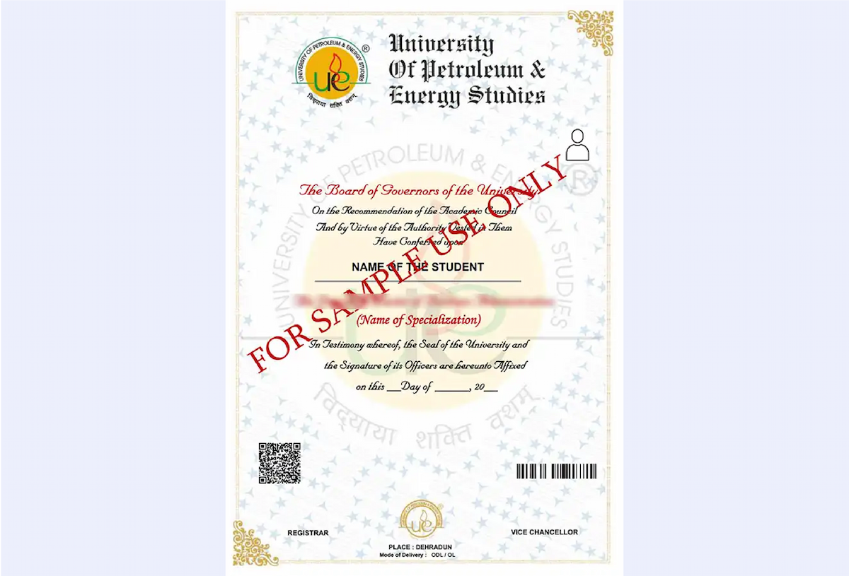 Official certificate layout for UPES Online MBA Oil and Gas Management with clean borders and formal academic styling
