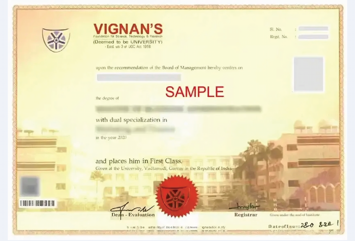 Clean formal certificate design for Vignan University Online MBA in Finance with crisp border, signature area and seal