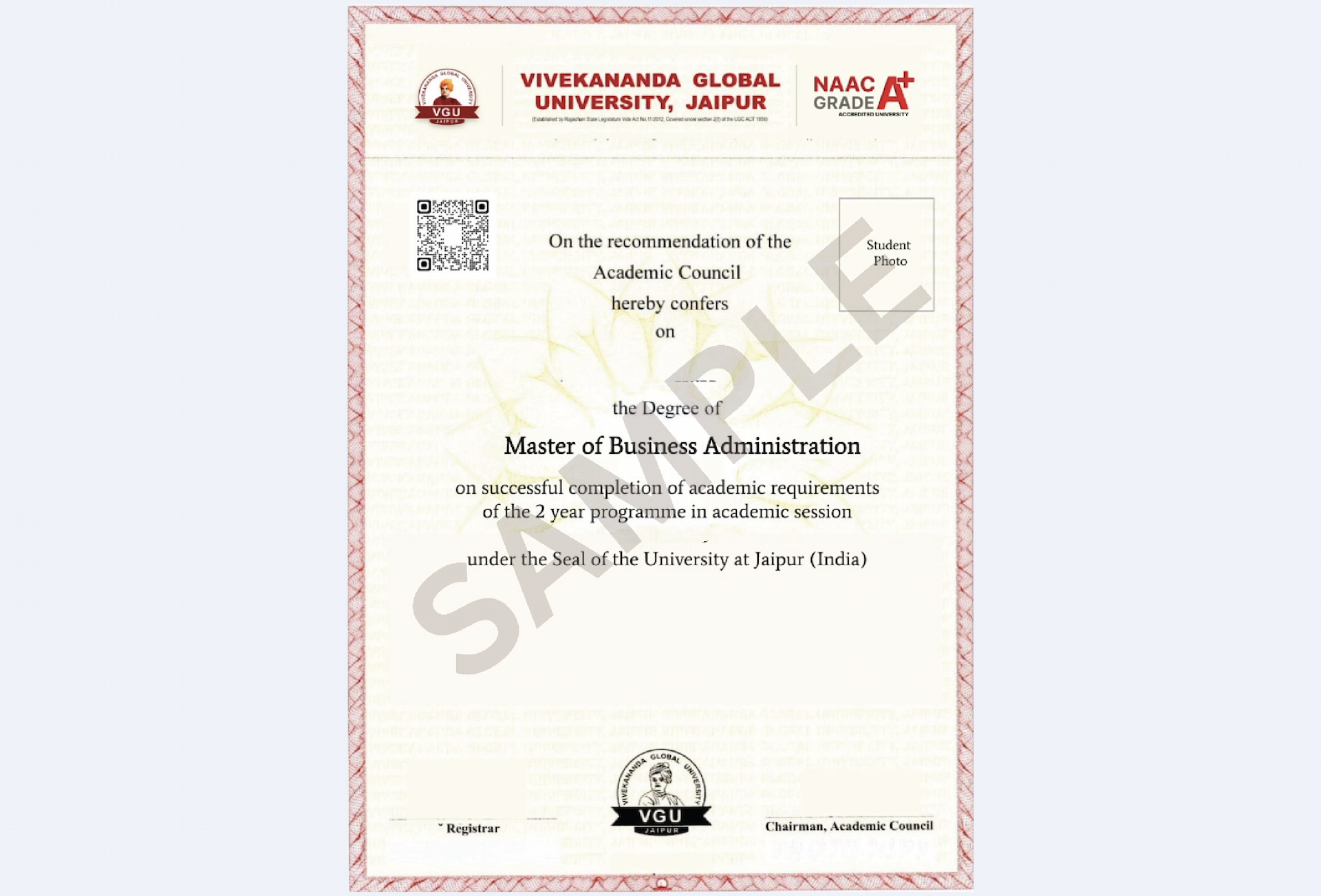 Professional certificate design for Vivekananda Global University Online BBA in General showing neat formatting