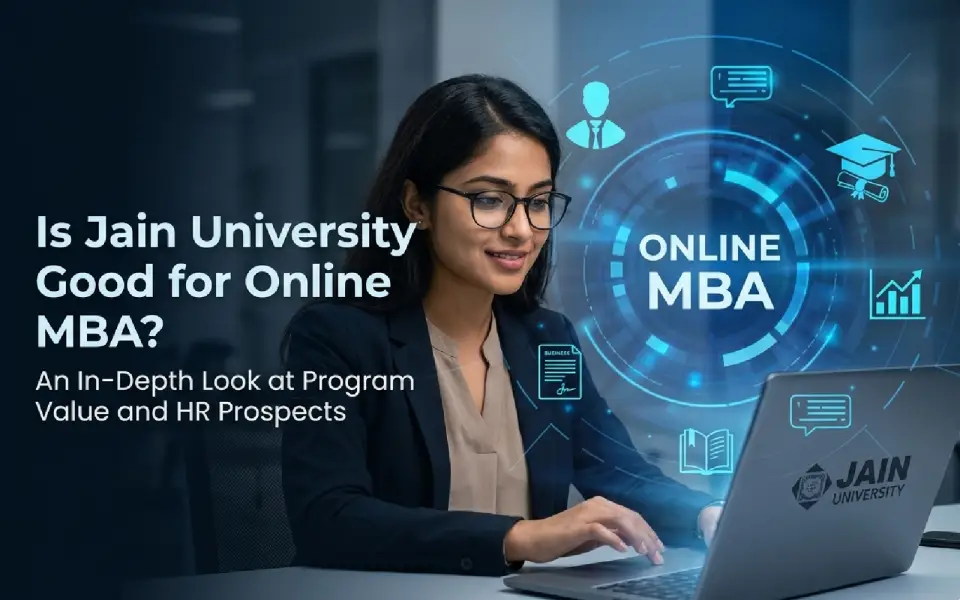 Professional woman attending an online MBA session on a laptop with digital education icons and Jain University branding representing online MBA learning and career growth.