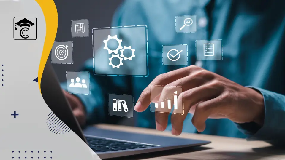 Professional analyzing operations data on laptop with digital icons for workflow, analytics, team management, and business growth