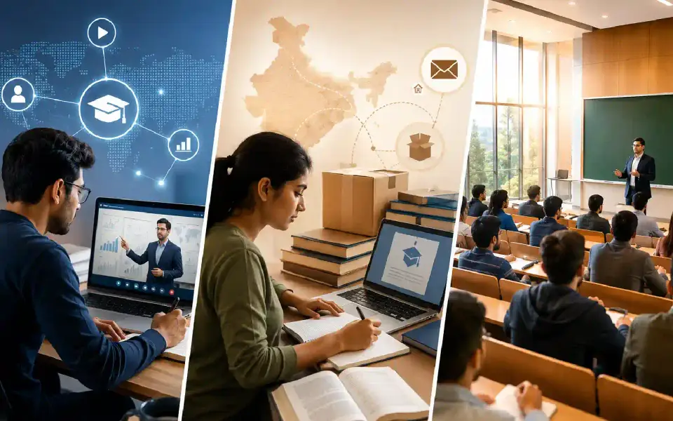 Comparison of Online MBA, Distance MBA, and Regular MBA learning formats showing virtual classes, self-paced study, and traditional classroom education in India.